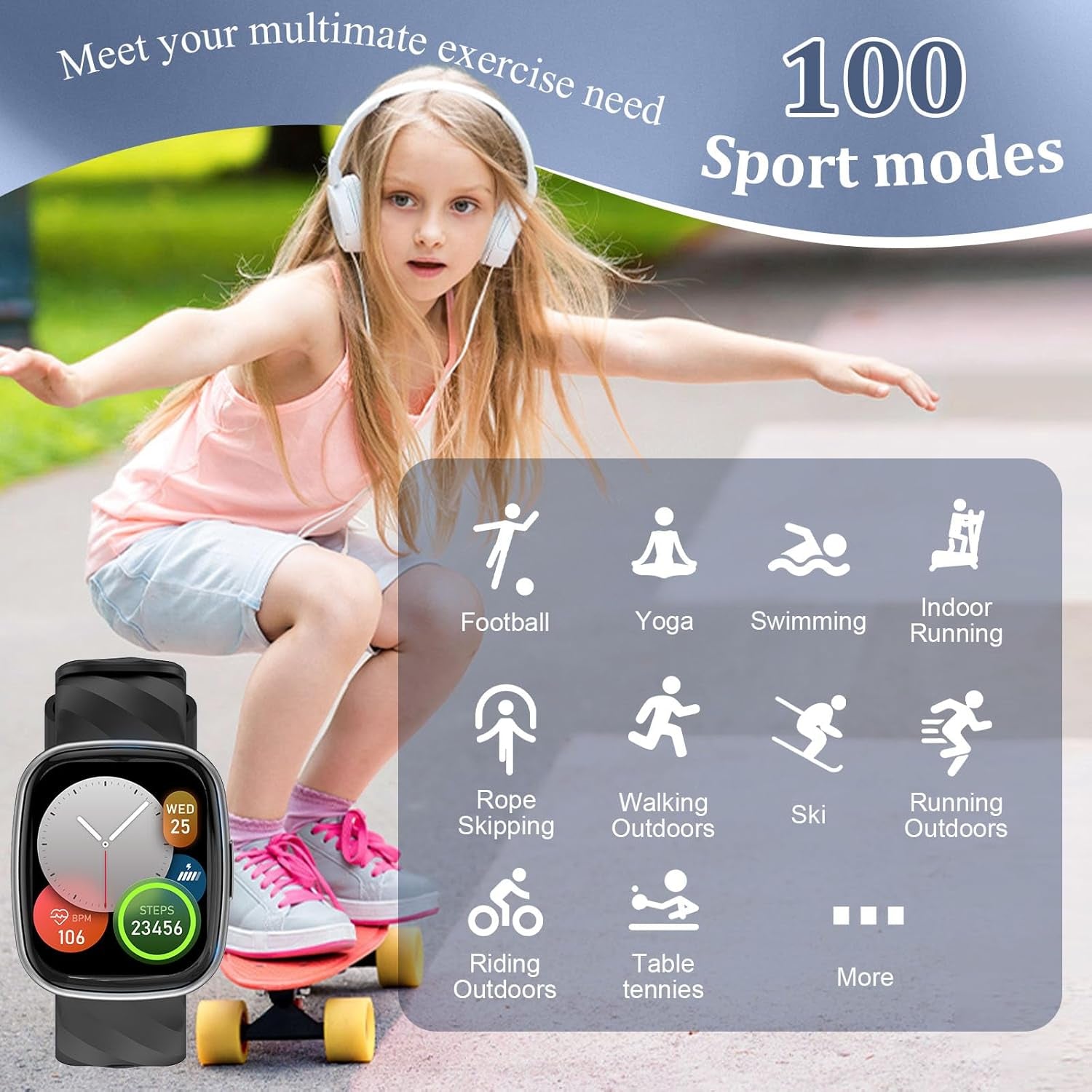 AXYWINBO Kids Smart Watch, IP68 Waterproof Fitness Tracker with 100 Exercise Modes, Heart Rate & Sleep Monitor, Sedentary Reminder, Black