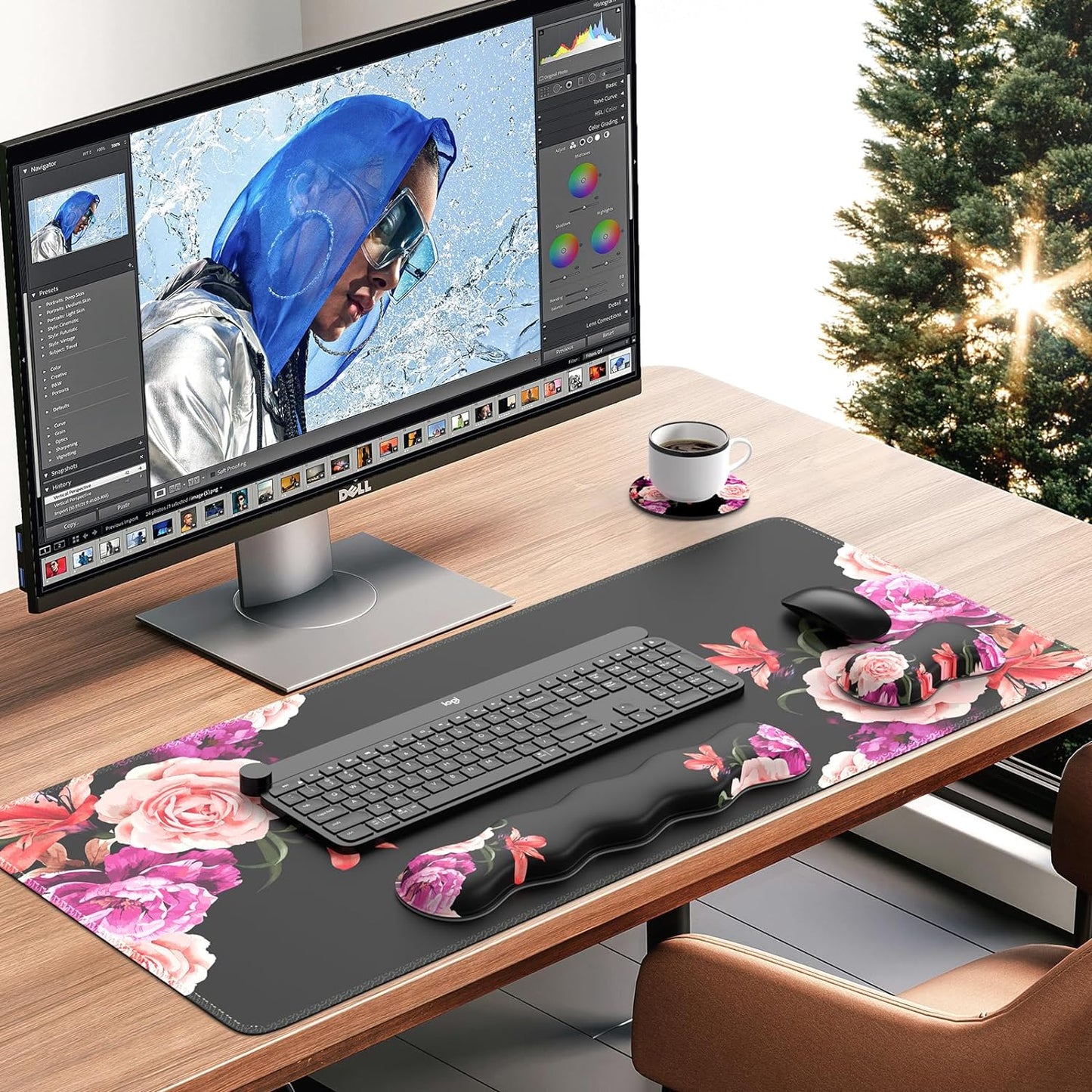 Ileadon Mouse Pad Set, Desk Mat + Mouse Pad with Wrist Rest + Keyboard Wrist Rest + Coaster, Mouse and Keyboard Pad Set with Stitched Edge & Non-Slip Base, Desk Pad Mat for Work Gaming, Peony Flower