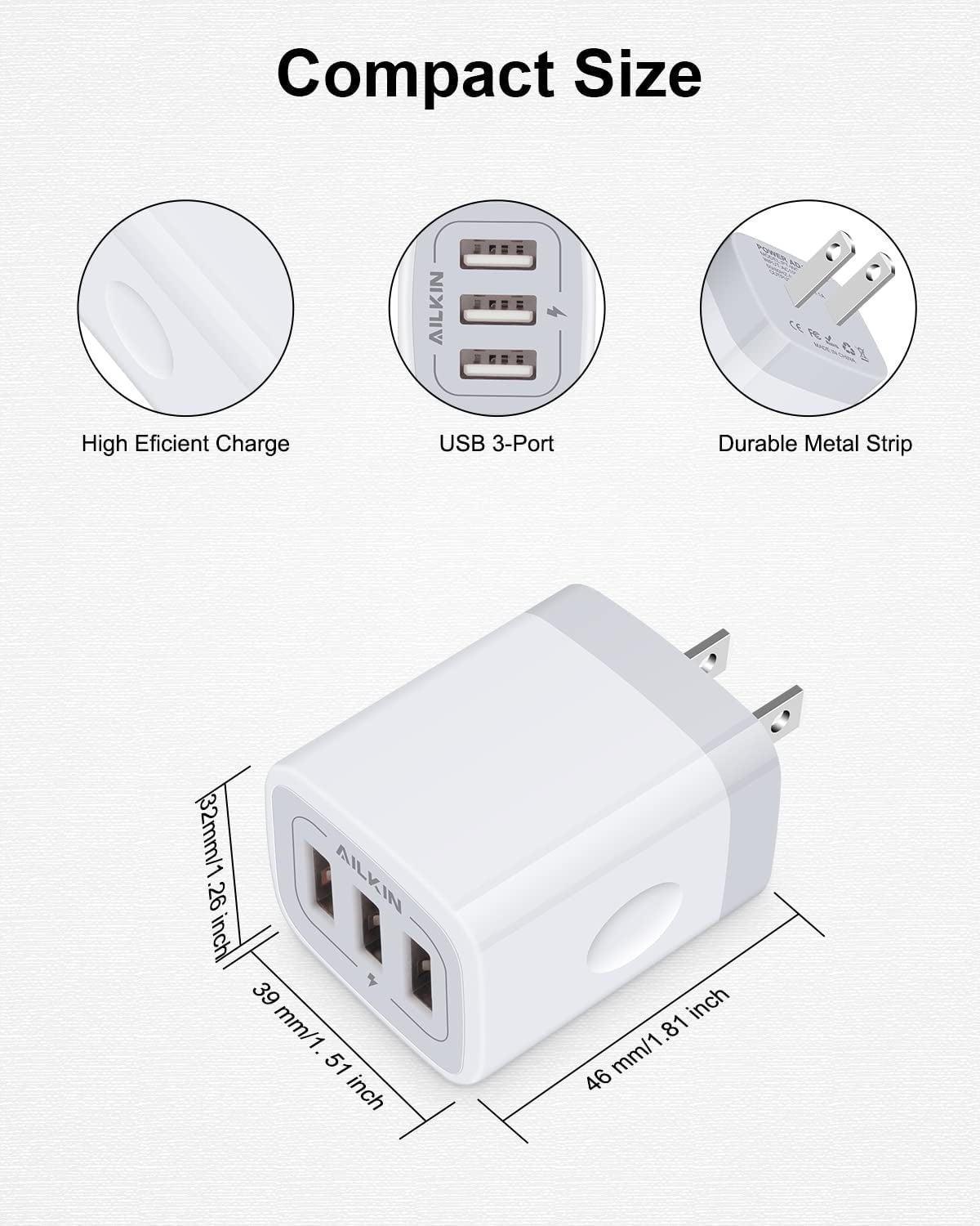 USB Charger Cube, Wall Charger Plug, AILKIN 3.1A 3-Muti Port USB Adapter Power Plug Charging Station Box Base for Iphone 15 14 13 12 Pro Max Mini SE 11 Pro Max/X/8/7, Samsung Phones USB Charging Block