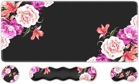 Ileadon Mouse Pad Set, Desk Mat + Mouse Pad with Wrist Rest + Keyboard Wrist Rest + Coaster, Mouse and Keyboard Pad Set with Stitched Edge & Non-Slip Base, Desk Pad Mat for Work Gaming, Peony Flower