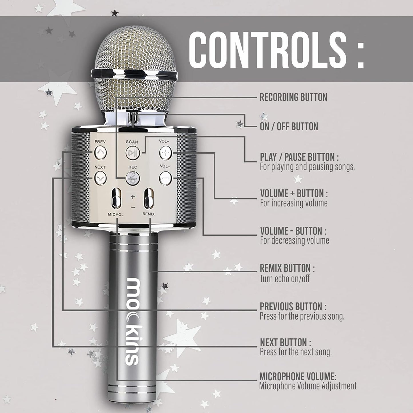 Mockins Silver Bluetooth Karaoke Microphone for Kids with Built in Bluetooth Microphone Wireless Speaker| Wireless Microphone Karaoke Compatible with Ios & Android | All-In-One Karaoke Mic