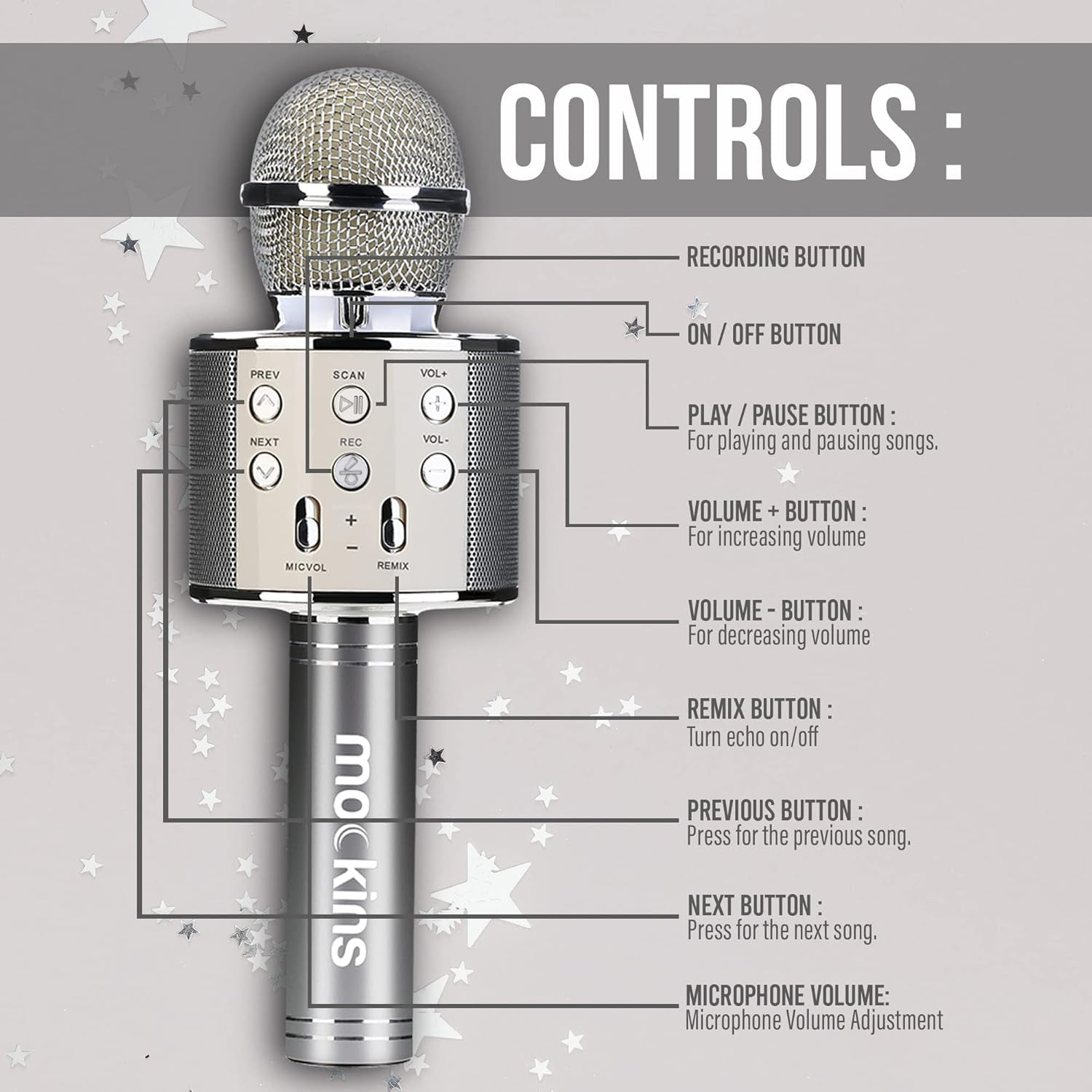 Mockins Silver Bluetooth Karaoke Microphone for Kids with Built in Bluetooth Microphone Wireless Speaker| Wireless Microphone Karaoke Compatible with Ios & Android | All-In-One Karaoke Mic