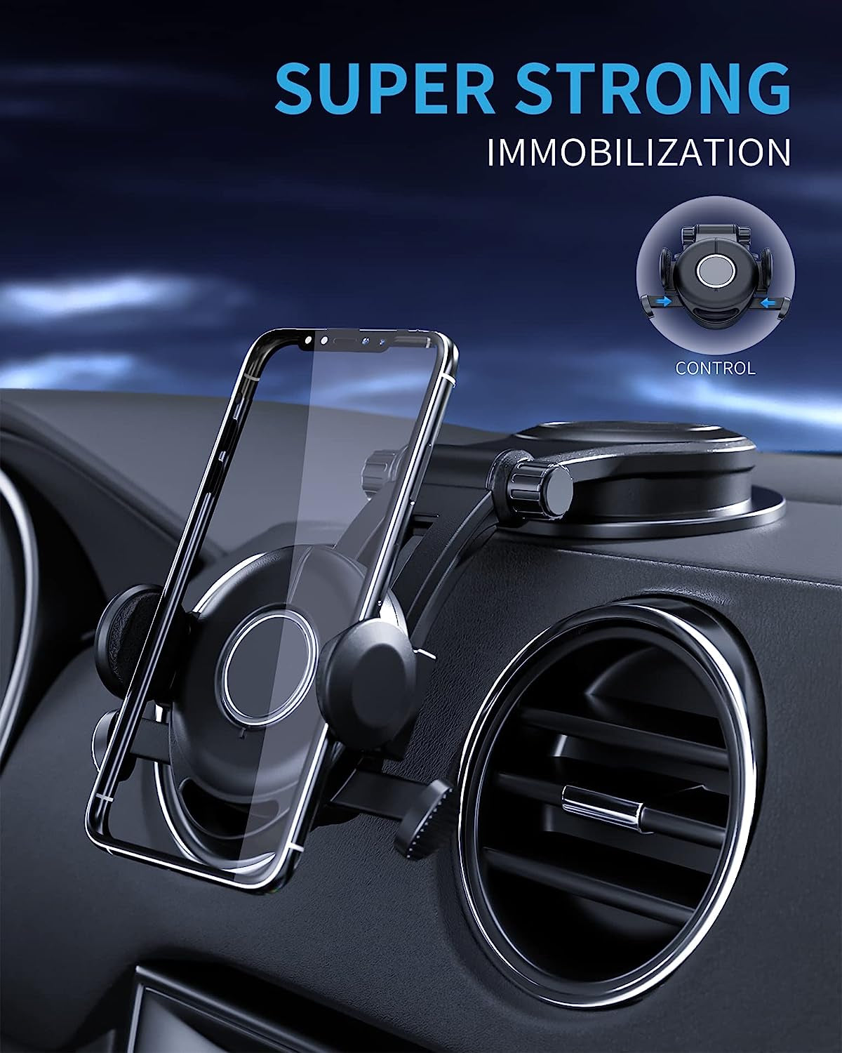 Blue Union Phone Mount for Car, Dashboard Clip Suction Cup Thick Shell and Large Phone Friendly Car Phone Holder, Compatible with All Cell Phones
