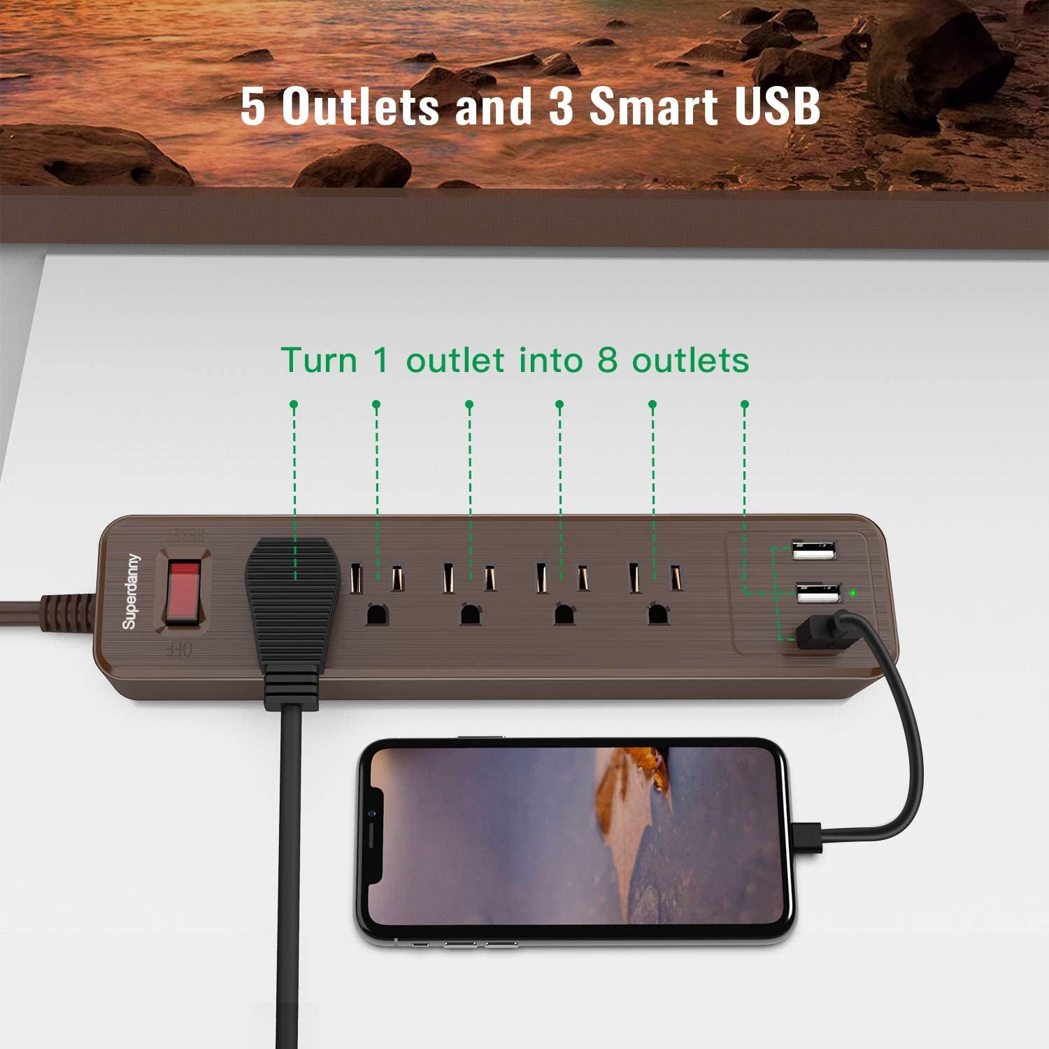 4.5 Ft 10A Surge Protector Power Strip with 5 Outlets & 3 USB Ports, Mountable Light, Brown