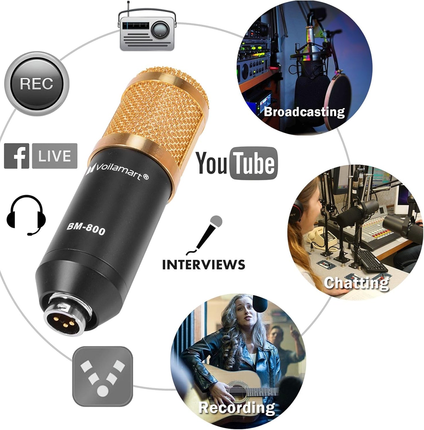 Voilamart USB Streaming Podcast Microphone, Condenser Microphone Set BM-800 with Adjustable Recording, Suspension Scissor Arm Stand, Shock Mount, Podcast Condenser Microphone for Youtube, Recording