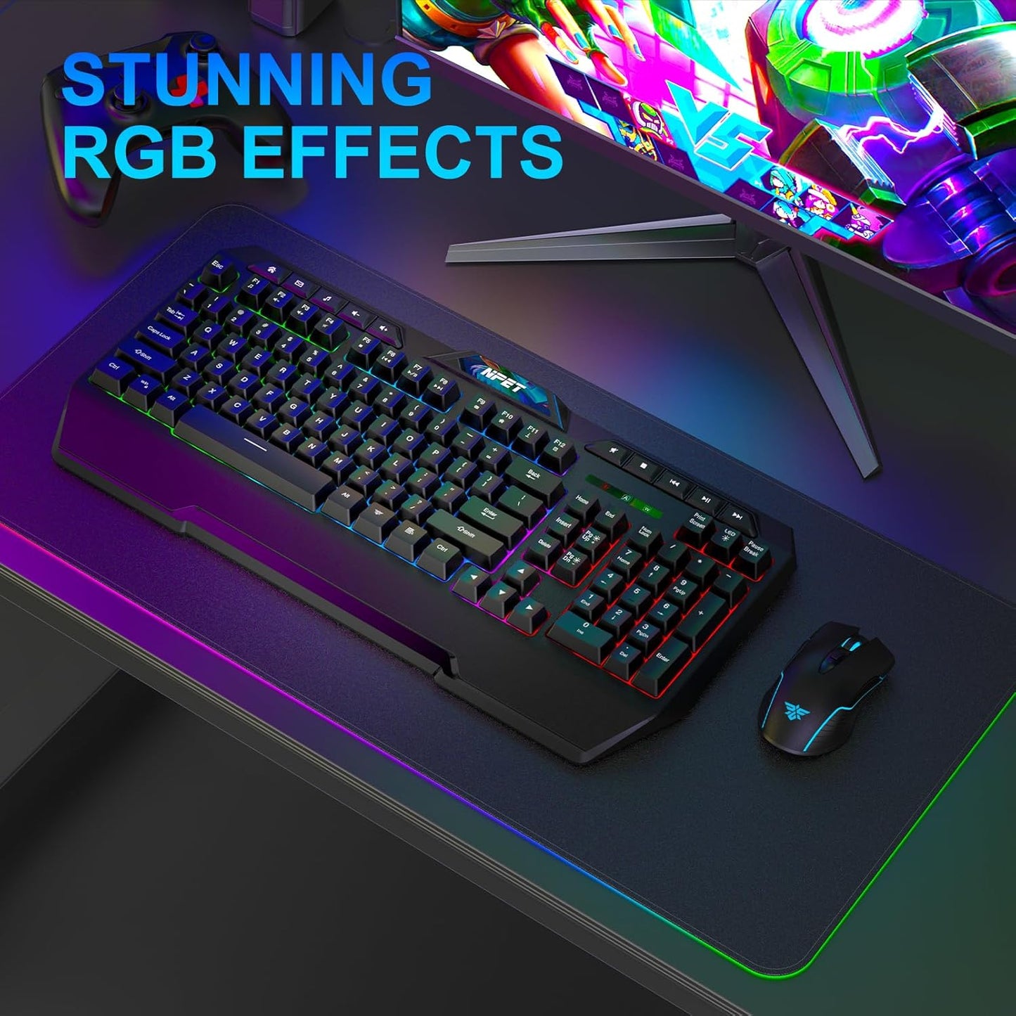 NPET K32 Wireless Gaming Keyboard RGB with Wrist Rest - Long-Lasting Rechargeable Battery - Quick and Quiet Typing - Water Resistant Backlit Wireless Keyboard for PC PS5 PS4 Xbox One Mac - Black
