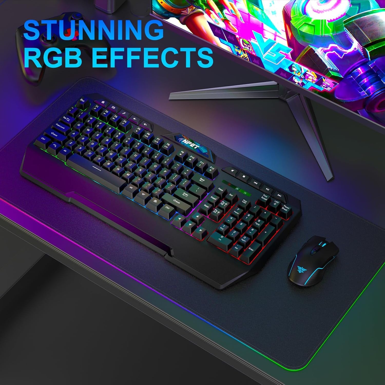 NPET K32 Wireless Gaming Keyboard RGB with Wrist Rest - Long-Lasting Rechargeable Battery - Quick and Quiet Typing - Water Resistant Backlit Wireless Keyboard for PC PS5 PS4 Xbox One Mac - Black