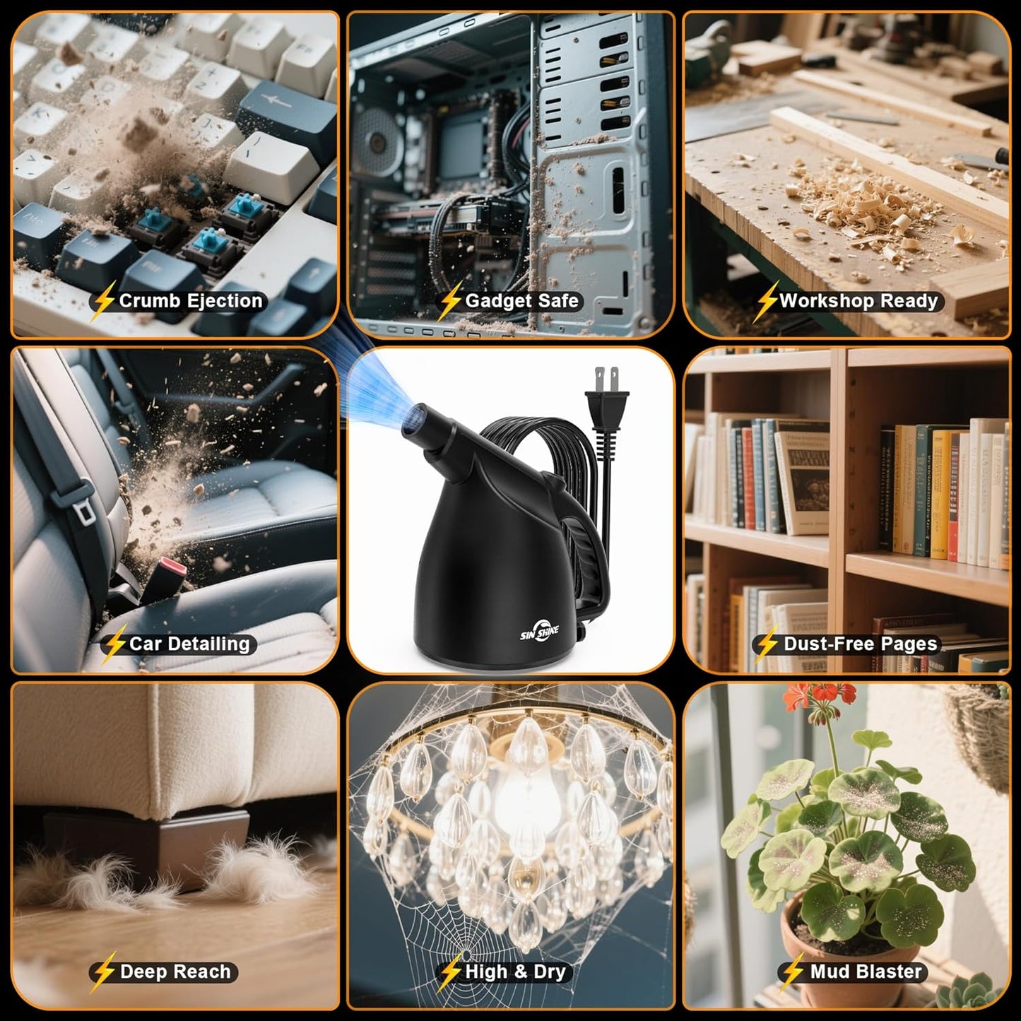 SIN SHINE - Compressed Air 3.0- Multi-Use Electric Air Duster for Cleaning Dust, Hairs, Crumbs, Scraps for Laptop, Computer, Replaces Compressed Air Cans (Ad01-Black)