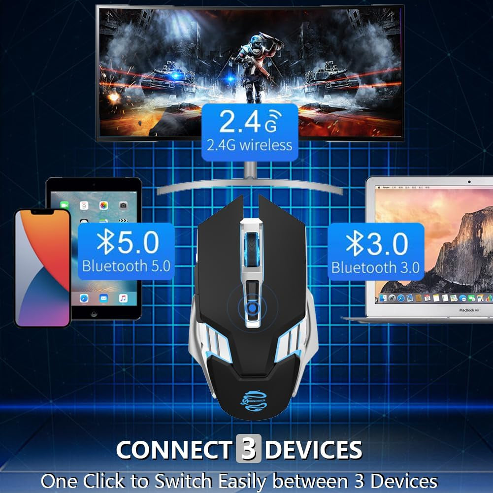 Multi-Device Bluetooth Mouse Wireless, Rechargeable, USB Receiver, 7 Buttons & Silent Click, Ergonomic, 7-Color Backlit, LED Light up Mice for Laptop, Computer, Mac, PC, Chromebook - Black