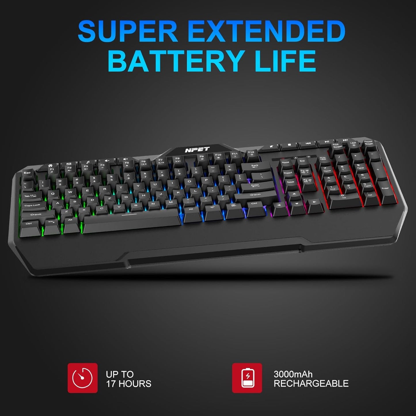 NPET K32 Wireless Gaming Keyboard RGB with Wrist Rest - Long-Lasting Rechargeable Battery - Quick and Quiet Typing - Water Resistant Backlit Wireless Keyboard for PC PS5 PS4 Xbox One Mac - Black