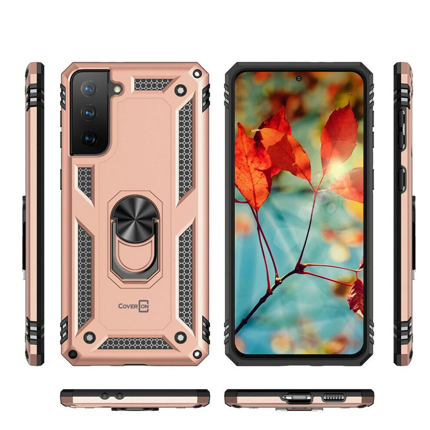 for Samsung Galaxy S21 FE Ring Case, Kickstand Rugged Phone Cover Magnetic Car Mount Compatible - Rose Gold Pink