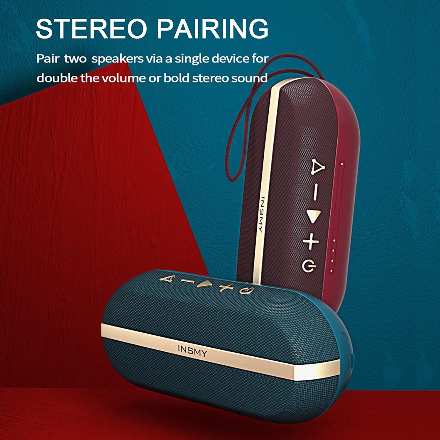 INSMY Portable Bluetooth Speakers, IPX7 Waterproof Floating 20W Wireless Speaker Loud Sound Rich Bass, Stereo Pairing Max 40W, 24 Hours Built-In Mic for Outdoors Camping Pool (Red)