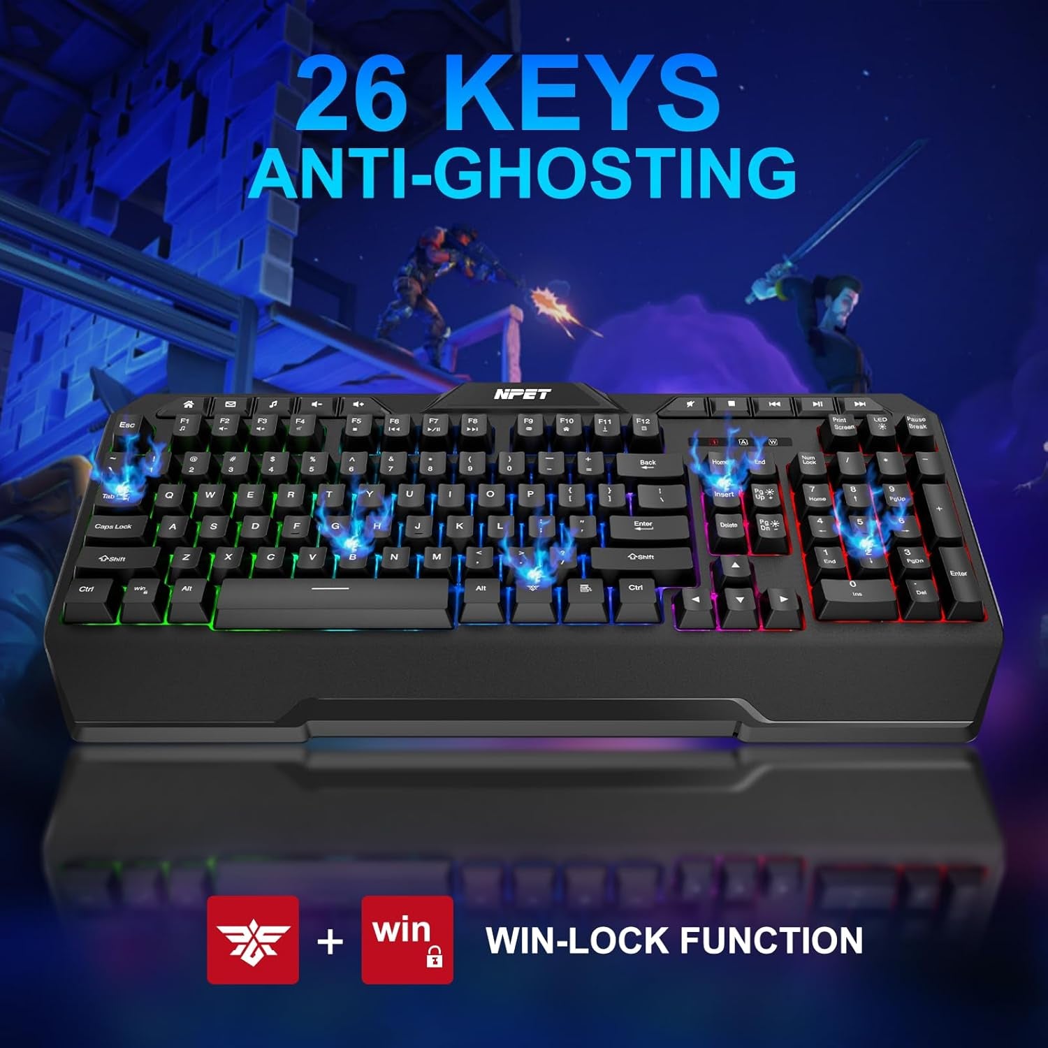 NPET K32 Wireless Gaming Keyboard RGB with Wrist Rest - Long-Lasting Rechargeable Battery - Quick and Quiet Typing - Water Resistant Backlit Wireless Keyboard for PC PS5 PS4 Xbox One Mac - Black