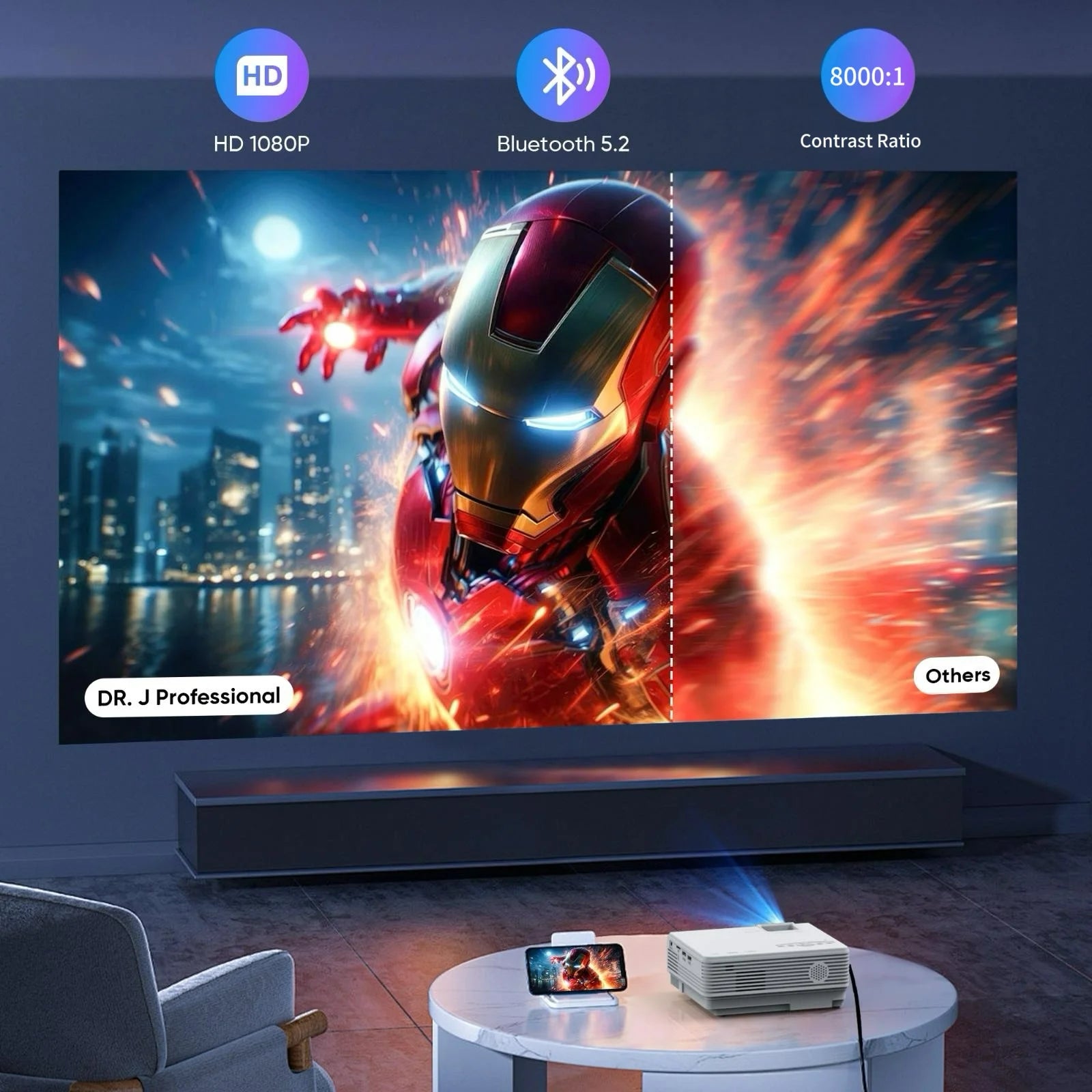 Mini Projector with Bluetooth 5.2 and Screen, HD 1080P Movies Projector, 200" Screen Supported