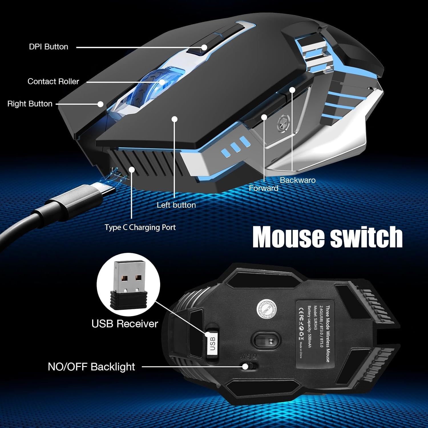 Multi-Device Bluetooth Mouse Wireless, Rechargeable, USB Receiver, 7 Buttons & Silent Click, Ergonomic, 7-Color Backlit, LED Light up Mice for Laptop, Computer, Mac, PC, Chromebook - Black