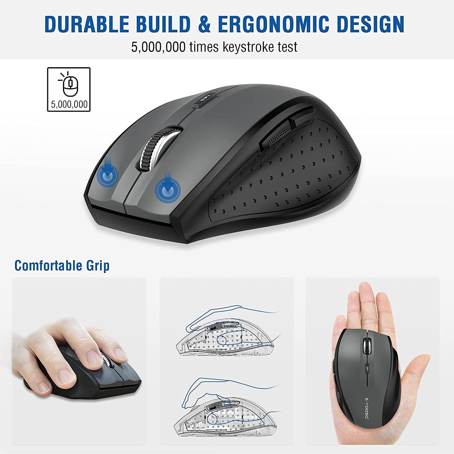 E-YOOSO Wireless Mouse for Laptop, Portable Optical Computer Mouse, 6 Buttons, Cordless 2.4Ghz with USB Receiver, 5-Level 4800 DPI, 18 Months Battery Life, for PC, Chromebook, Windows, Mac