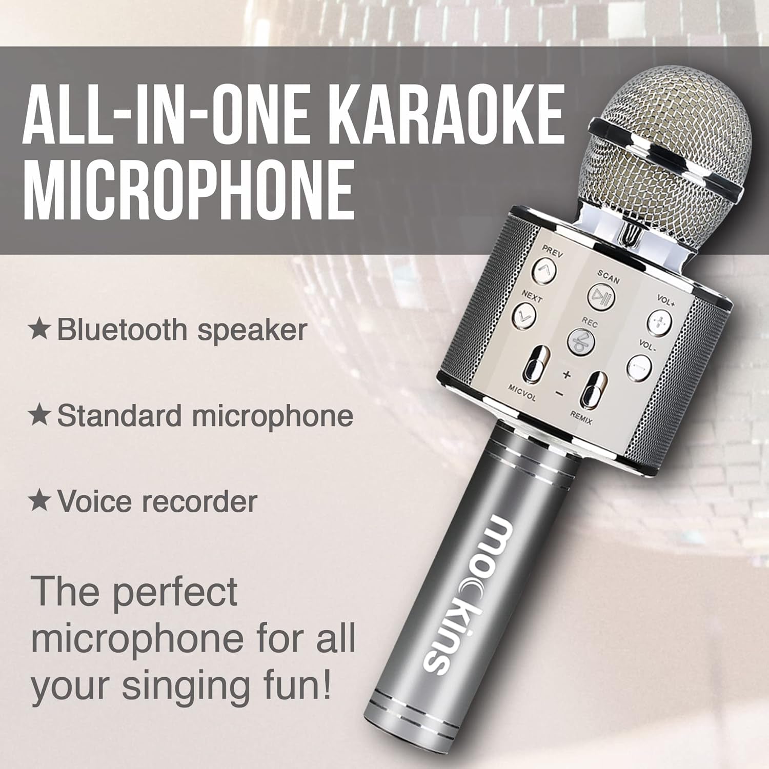 Mockins Silver Bluetooth Karaoke Microphone for Kids with Built in Bluetooth Microphone Wireless Speaker| Wireless Microphone Karaoke Compatible with Ios & Android | All-In-One Karaoke Mic