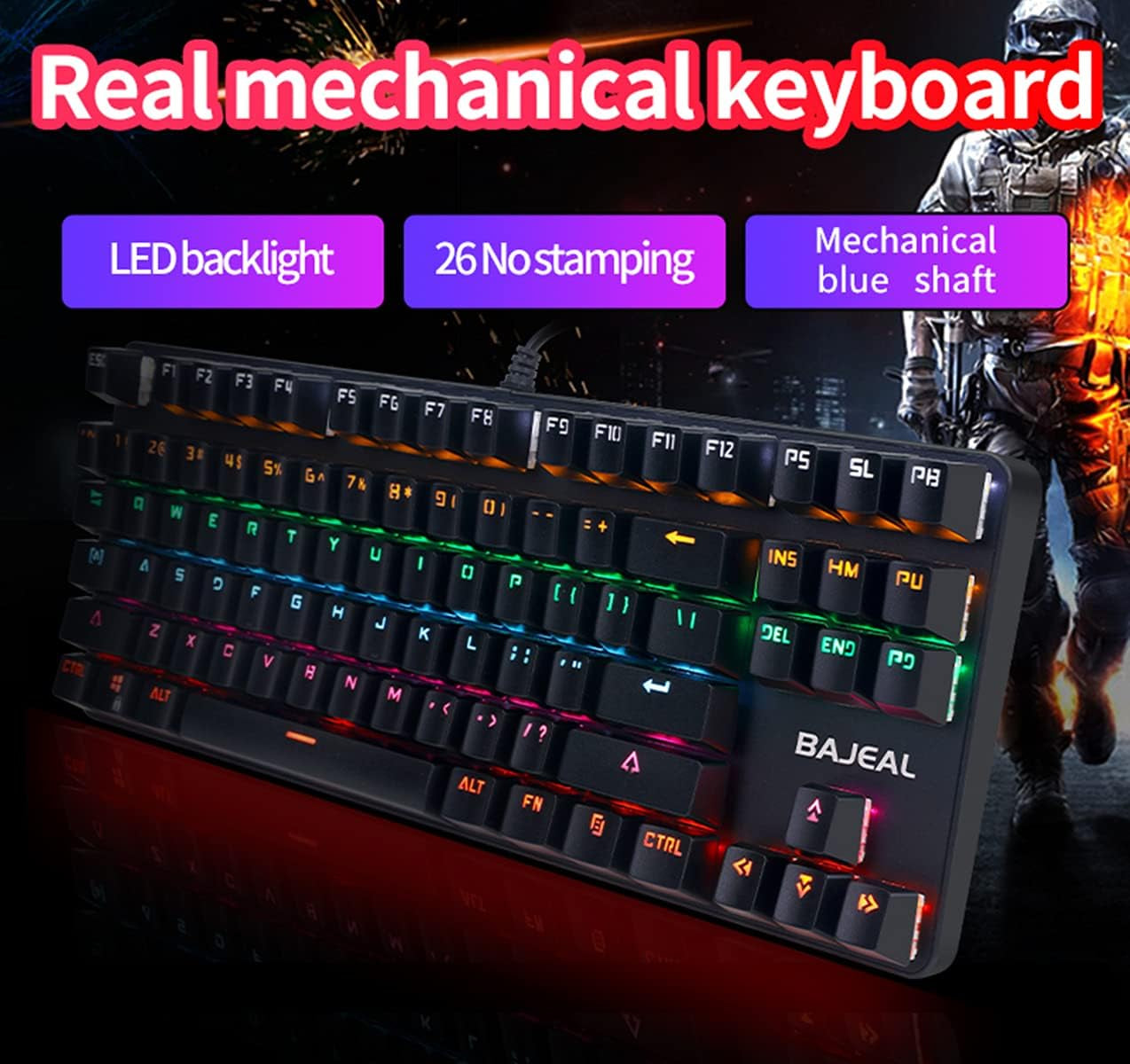 FKZ Bajeal Mechanical Keyboard,Hotswap 87 Keys Keyboard,Usb Wired Blue Switch Keyboard Shine-Through Keycaps,Rgb Backlit Gaming TKL Tenkeyless Keyboard (White Blue)