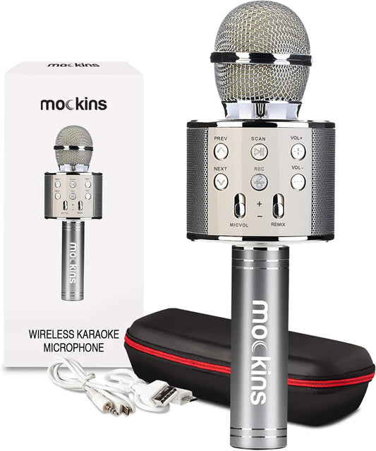 Mockins Silver Bluetooth Karaoke Microphone for Kids with Built in Bluetooth Microphone Wireless Speaker| Wireless Microphone Karaoke Compatible with Ios & Android | All-In-One Karaoke Mic
