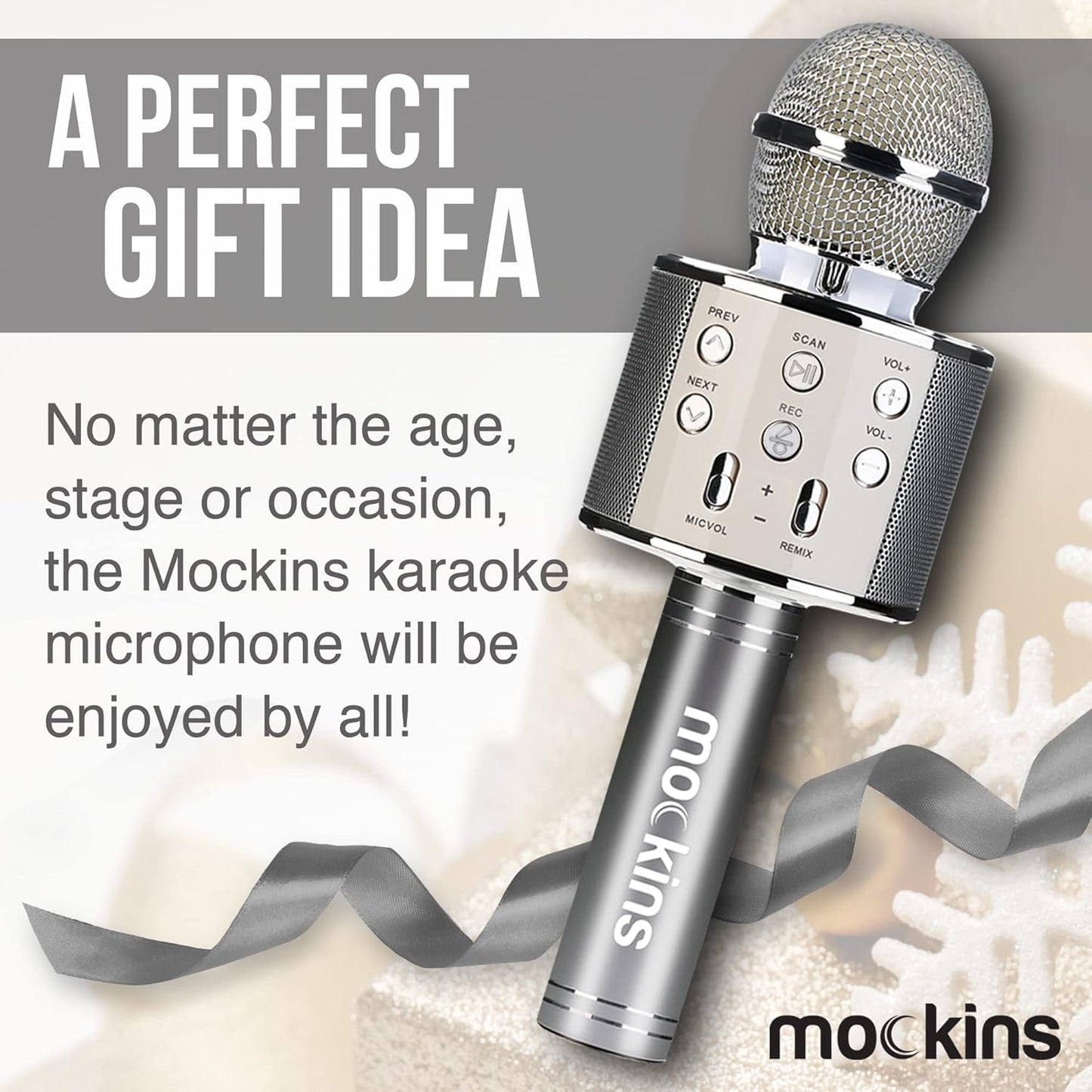 Mockins Silver Bluetooth Karaoke Microphone for Kids with Built in Bluetooth Microphone Wireless Speaker| Wireless Microphone Karaoke Compatible with Ios & Android | All-In-One Karaoke Mic