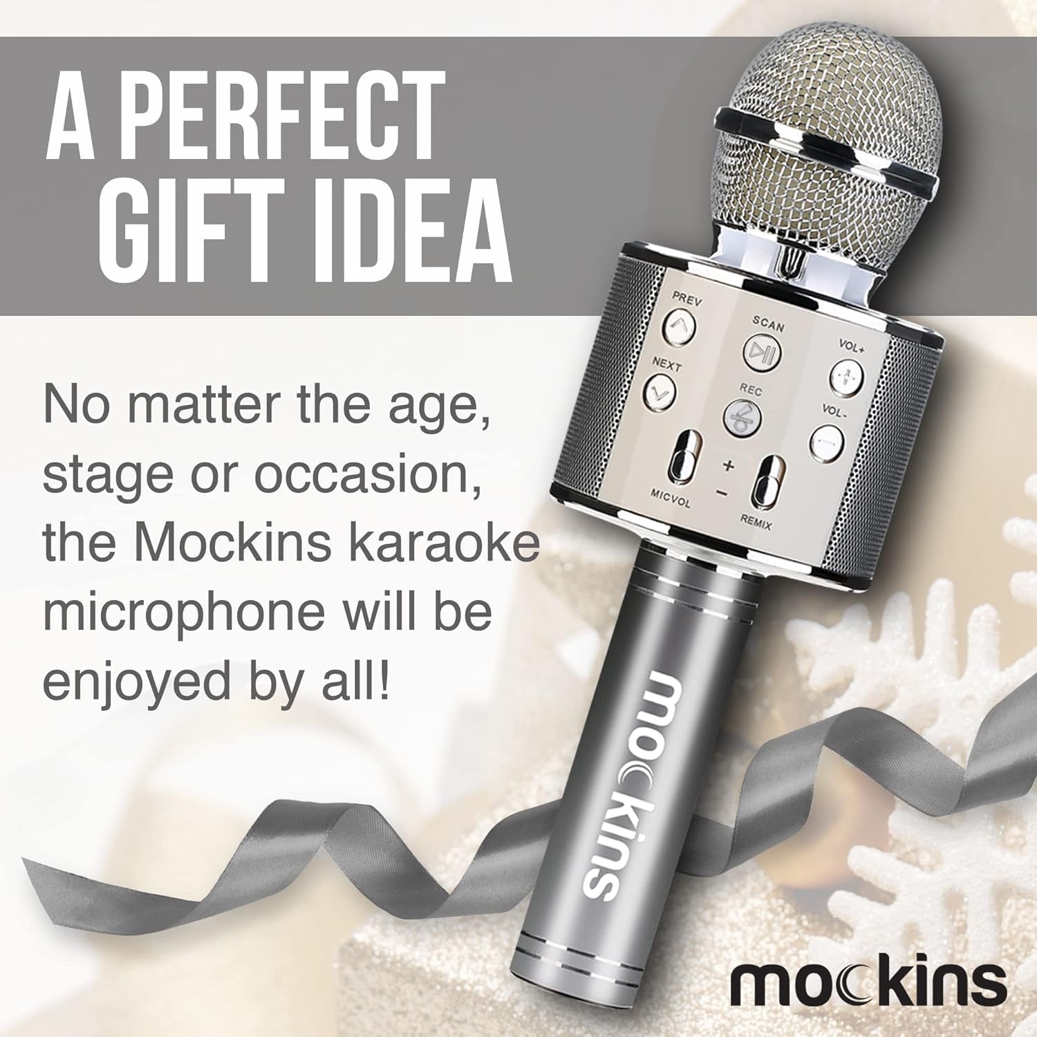 Mockins Silver Bluetooth Karaoke Microphone for Kids with Built in Bluetooth Microphone Wireless Speaker| Wireless Microphone Karaoke Compatible with Ios & Android | All-In-One Karaoke Mic