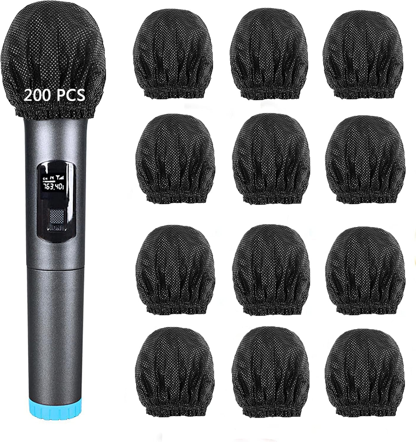 200 Pcs Disposable Microphone Cover Non-Woven Handheld Microphone Protective Cover Individually Wrapped Clean and No-Odor Windscreen Mic Covers for KTV & Karaoke (Black)