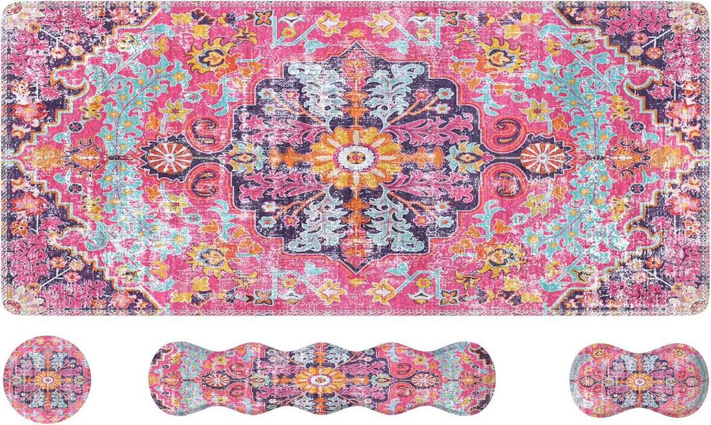 Ileadon Mouse Pad Set, Desk Mat + Mouse Pad with Wrist Rest + Keyboard Wrist Rest + Coaster, Mouse and Keyboard Pad Set with Stitched Edge & Non-Slip Base, Desk Pad Mat for Work Gaming, Peony Flower