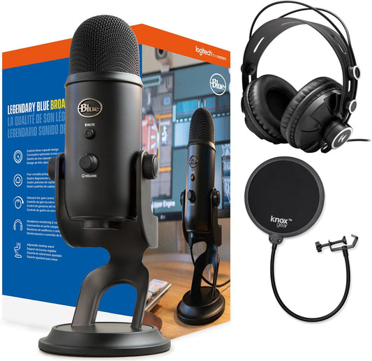 Blue Microphones Yeti USB Microphone (Blackout) Bundle with Knox Gear Headphones and Pop Filter (3 Items)