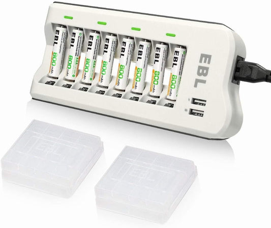EBL AAA Rechargeable Batteries with Battery Charger Combo - AAA Battery 8 Packs 1.2V Nimh with Smart Individual Household Battery Charger