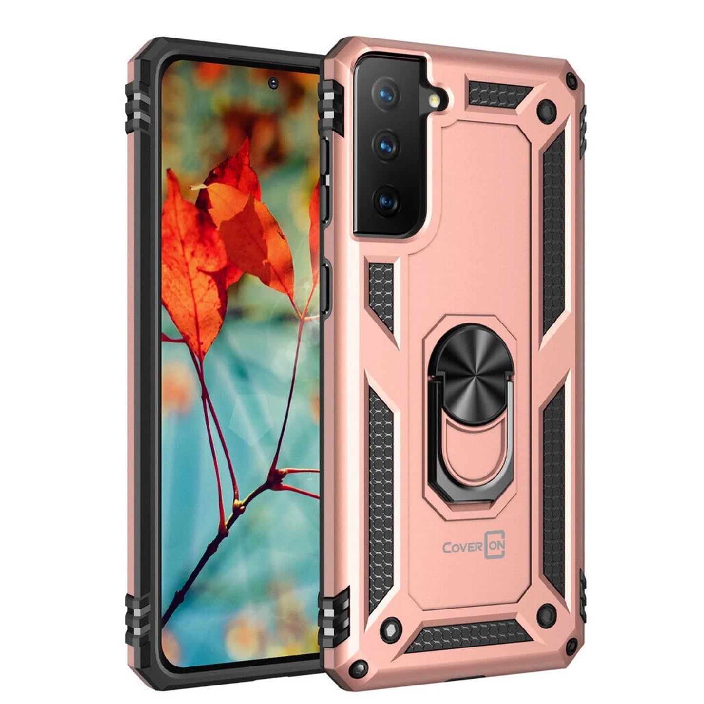 for Samsung Galaxy S21 FE Ring Case, Kickstand Rugged Phone Cover Magnetic Car Mount Compatible - Rose Gold Pink