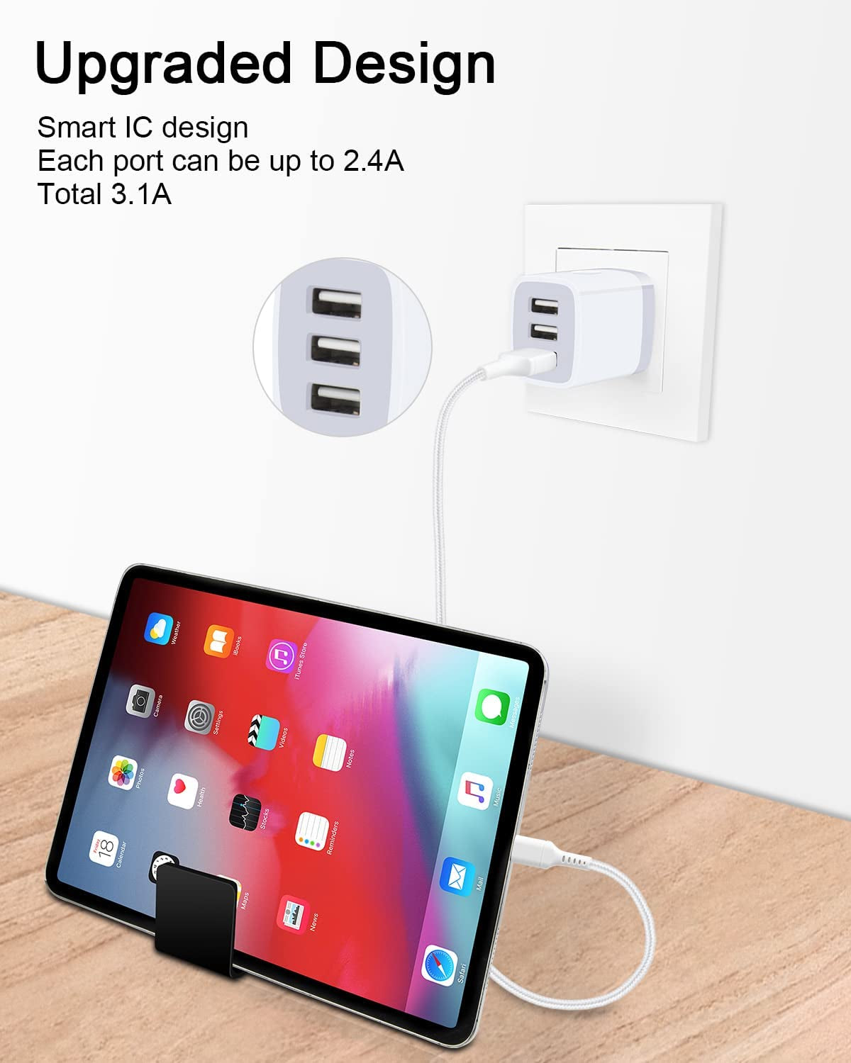 USB Charger Cube, Wall Charger Plug, AILKIN 3.1A 3-Muti Port USB Adapter Power Plug Charging Station Box Base for Iphone 15 14 13 12 Pro Max Mini SE 11 Pro Max/X/8/7, Samsung Phones USB Charging Block