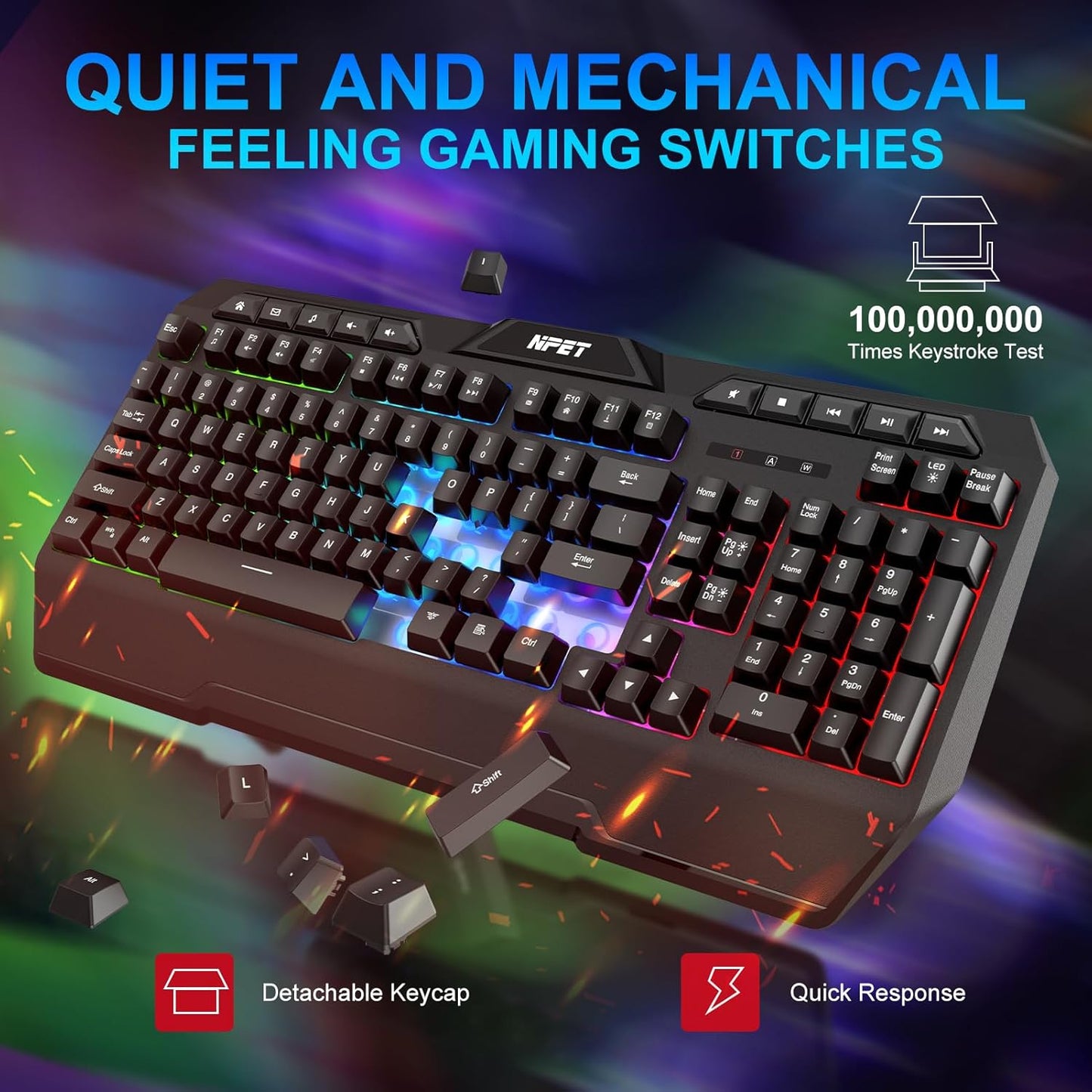 NPET K32 Wireless Gaming Keyboard RGB with Wrist Rest - Long-Lasting Rechargeable Battery - Quick and Quiet Typing - Water Resistant Backlit Wireless Keyboard for PC PS5 PS4 Xbox One Mac - Black