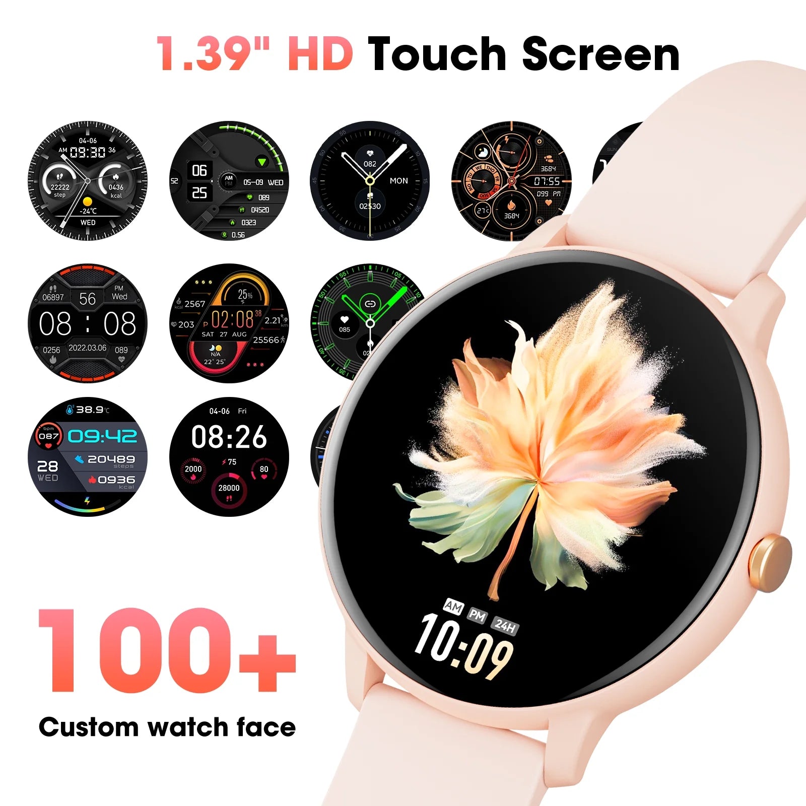 Smart Watch with 1.39-Inch Screen, Smart Watch for Women with Voice Assistant and Message Reminder, Multi-Sport Mode and IP67 Waterproof (Pink)