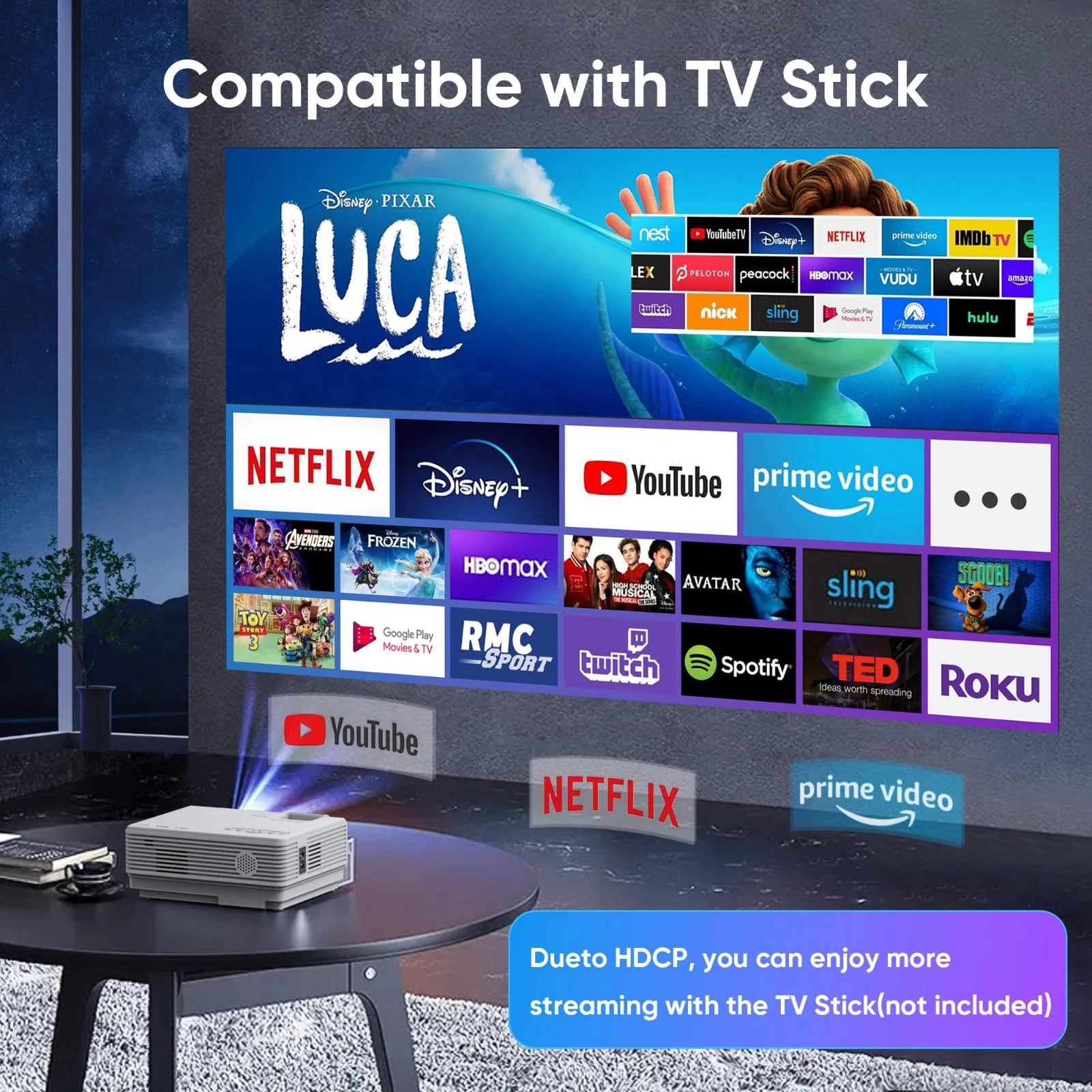 Mini Projector with Bluetooth 5.2 and Screen, HD 1080P Movies Projector, 200" Screen Supported