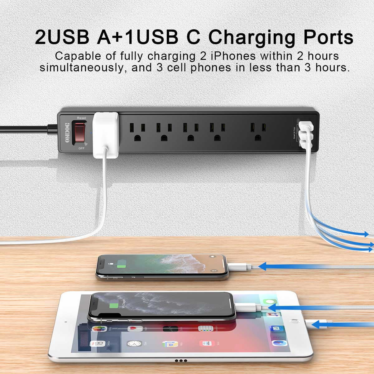 6 Ft Extension Cord Power Strip - 6 AC Outlets and 3 USB Ports Surge Protector(2100J), ETL