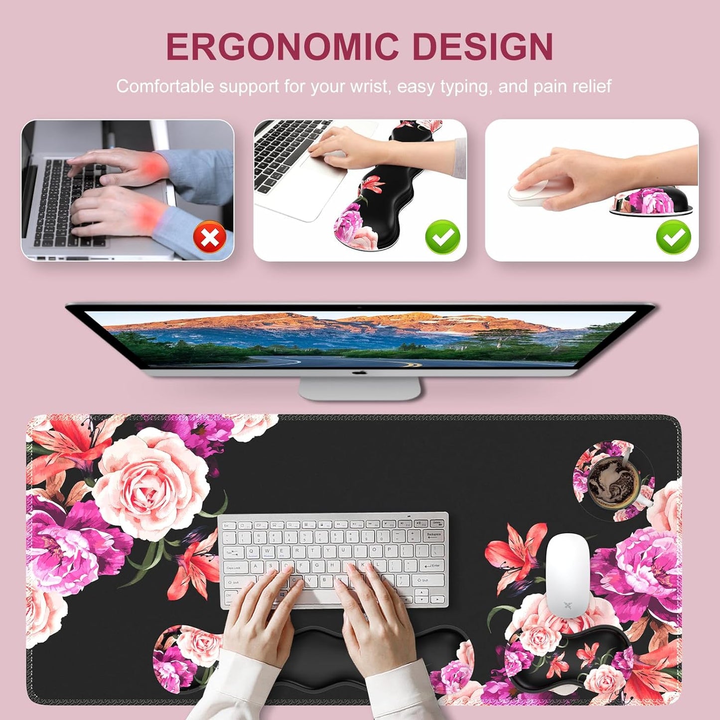Ileadon Mouse Pad Set, Desk Mat + Mouse Pad with Wrist Rest + Keyboard Wrist Rest + Coaster, Mouse and Keyboard Pad Set with Stitched Edge & Non-Slip Base, Desk Pad Mat for Work Gaming, Peony Flower