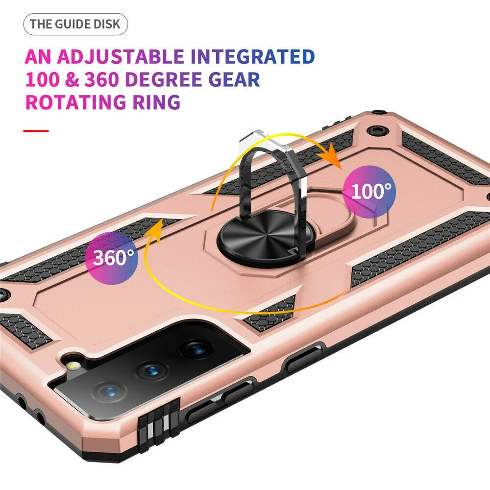 for Samsung Galaxy S21 FE Ring Case, Kickstand Rugged Phone Cover Magnetic Car Mount Compatible - Rose Gold Pink