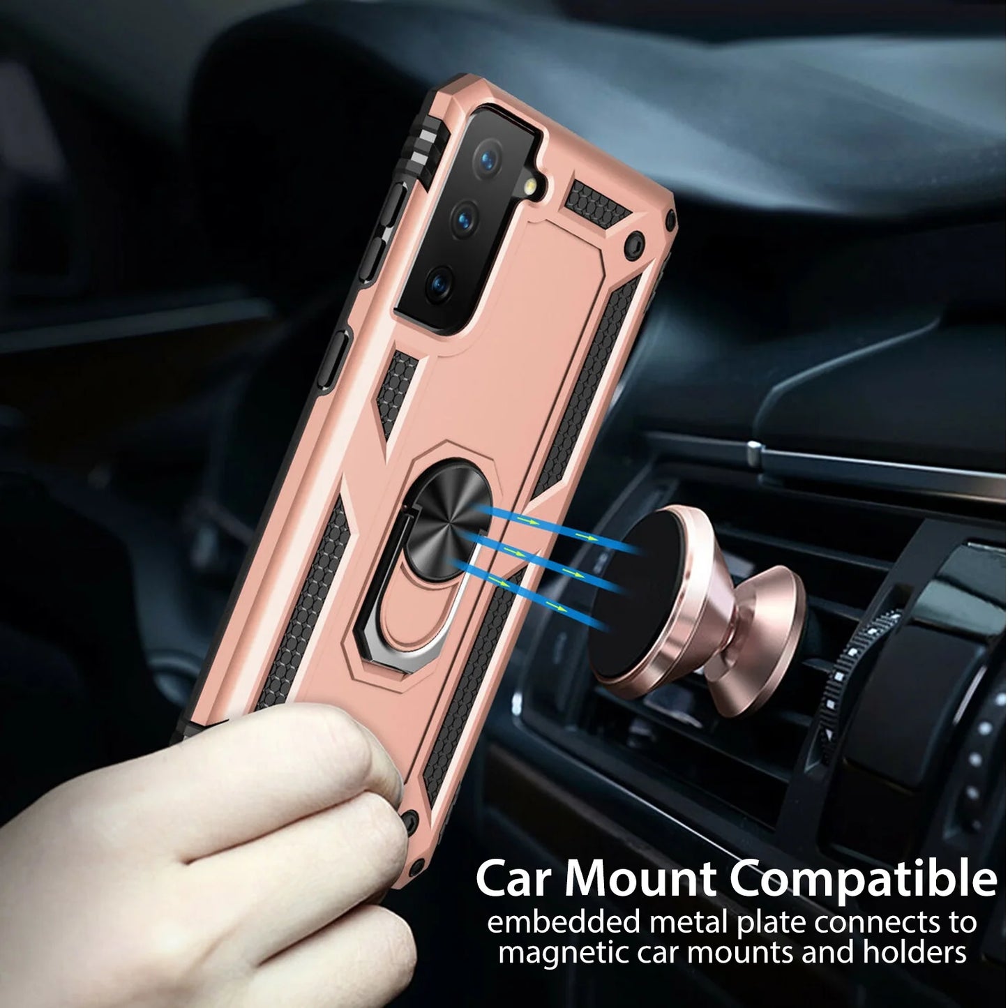 for Samsung Galaxy S21 FE Ring Case, Kickstand Rugged Phone Cover Magnetic Car Mount Compatible - Rose Gold Pink