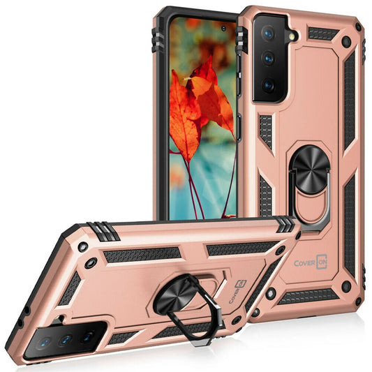 for Samsung Galaxy S21 FE Ring Case, Kickstand Rugged Phone Cover Magnetic Car Mount Compatible - Rose Gold Pink