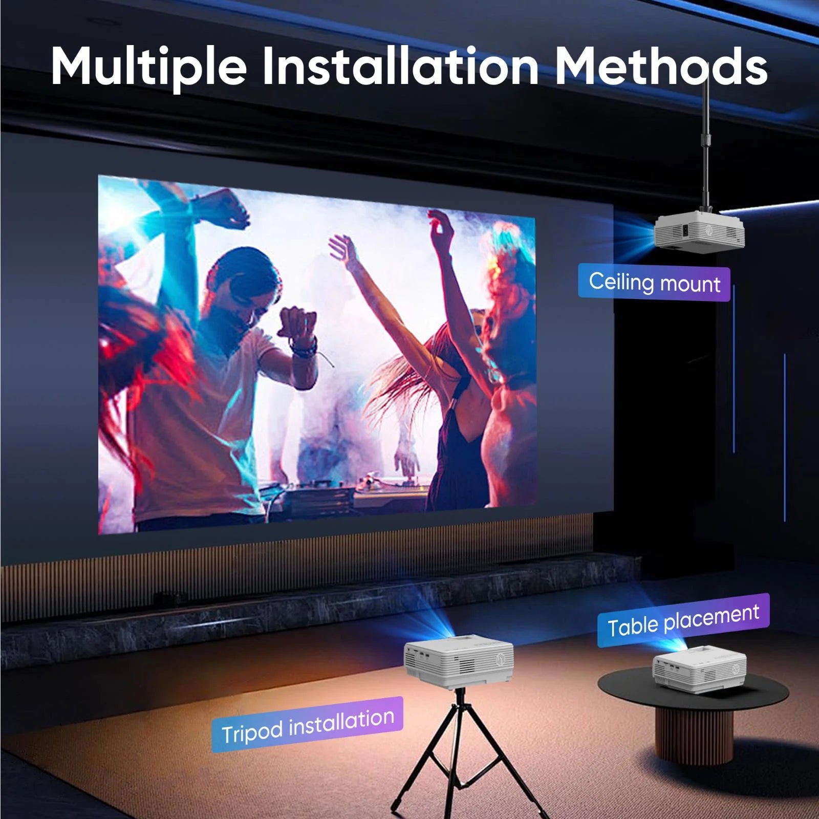 Mini Projector with Bluetooth 5.2 and Screen, HD 1080P Movies Projector, 200" Screen Supported