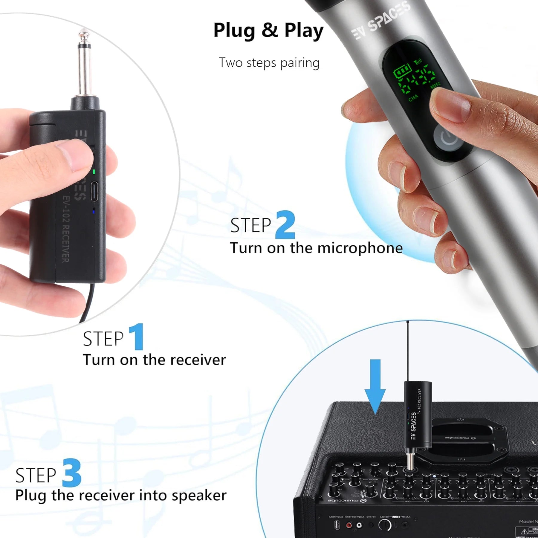 Wireless Microphone with Cordless Dynamic Mic Kit, Plug and Play