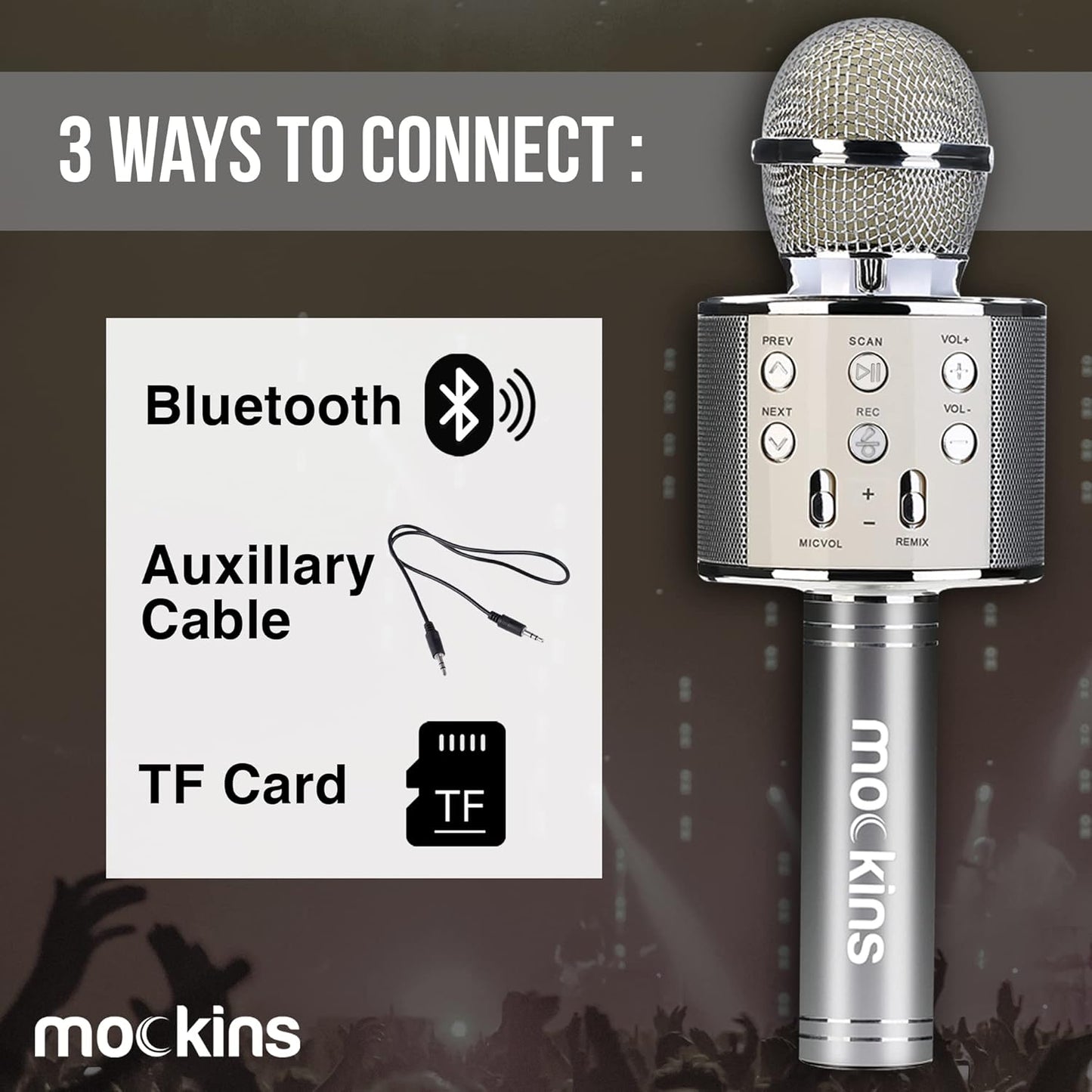 Mockins Silver Bluetooth Karaoke Microphone for Kids with Built in Bluetooth Microphone Wireless Speaker| Wireless Microphone Karaoke Compatible with Ios & Android | All-In-One Karaoke Mic