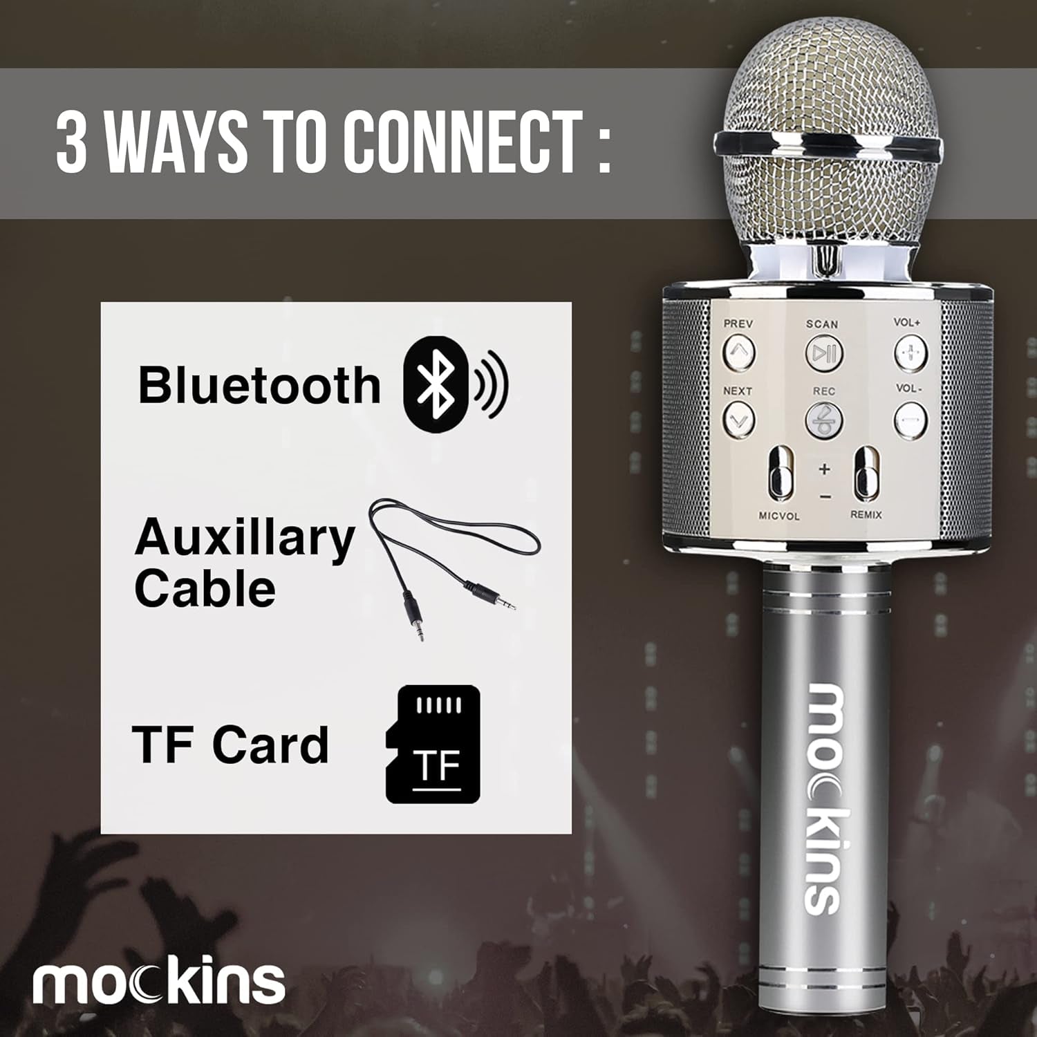 Mockins Silver Bluetooth Karaoke Microphone for Kids with Built in Bluetooth Microphone Wireless Speaker| Wireless Microphone Karaoke Compatible with Ios & Android | All-In-One Karaoke Mic