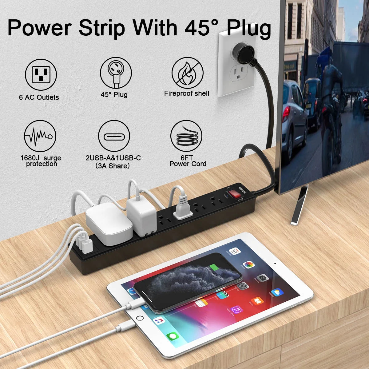 6 Ft Extension Cord Power Strip - 6 AC Outlets and 3 USB Ports Surge Protector(2100J), ETL