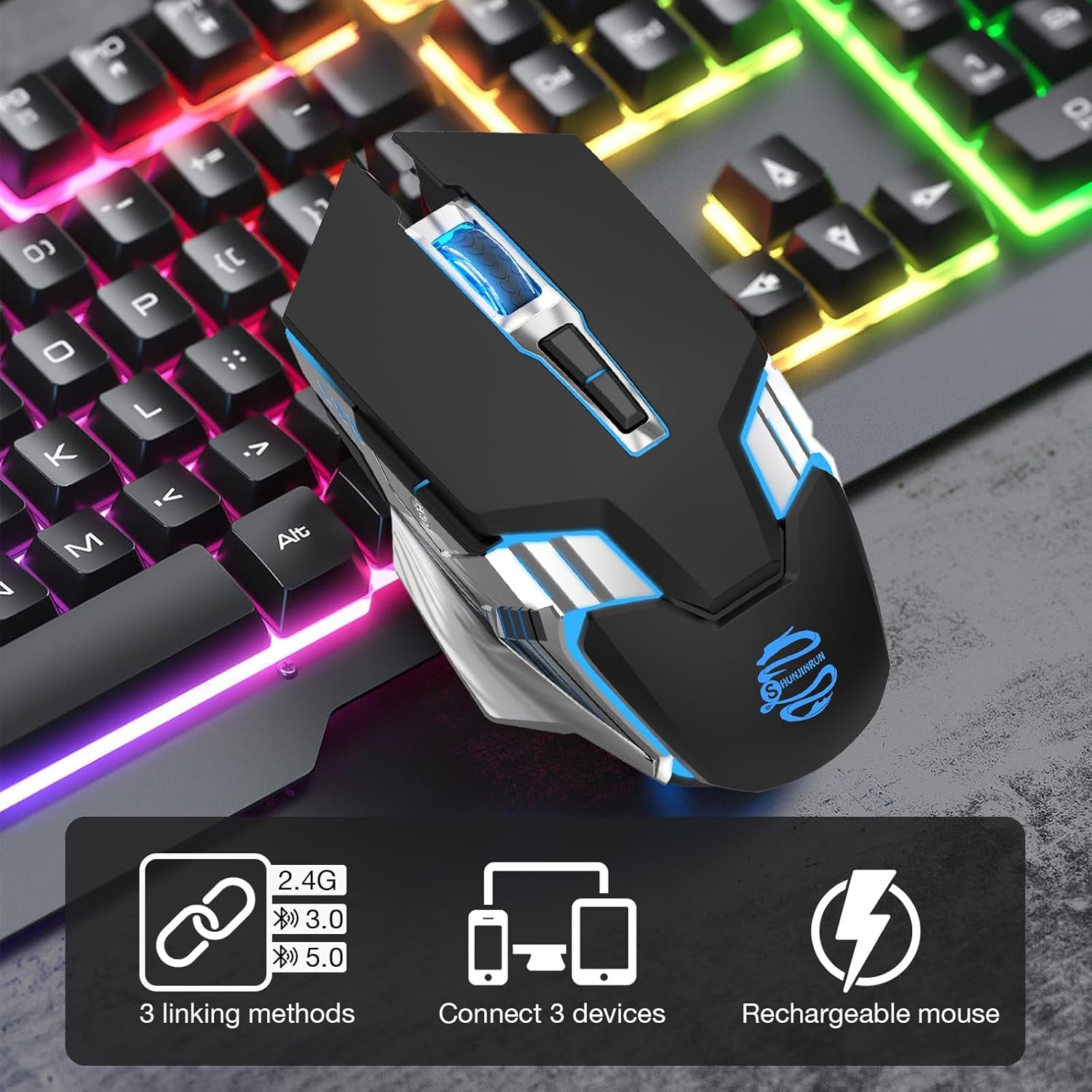 Multi-Device Bluetooth Mouse Wireless, Rechargeable, USB Receiver, 7 Buttons & Silent Click, Ergonomic, 7-Color Backlit, LED Light up Mice for Laptop, Computer, Mac, PC, Chromebook - Black
