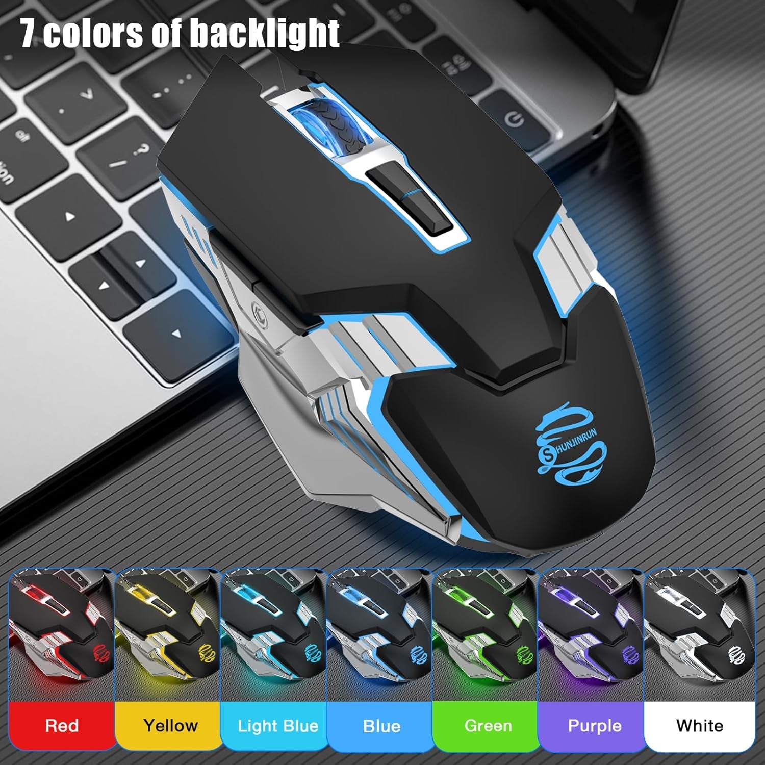 Multi-Device Bluetooth Mouse Wireless, Rechargeable, USB Receiver, 7 Buttons & Silent Click, Ergonomic, 7-Color Backlit, LED Light up Mice for Laptop, Computer, Mac, PC, Chromebook - Black