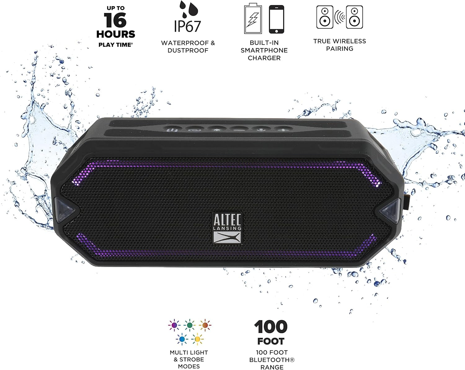 Altec Lansing - Hydrajolt Wireless Bluetooth Speaker, Waterproof Portable Speakers with Built in Phone Charger and Lights, Everything Proof Outdoor, Shockproof, Snowproof, 16 Hours Playtime