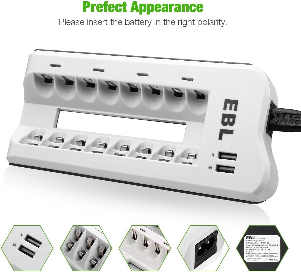 EBL AAA Rechargeable Batteries with Battery Charger Combo - AAA Battery 8 Packs 1.2V Nimh with Smart Individual Household Battery Charger