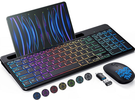 Wireless Keyboard and Mouse, Rechargeable Keyboard and Mouse Combo with Non-Slip 10In Holder, 15 Lighting Effects, 2-In-1 USB Receiver, 2.4G Keyboard & Mouse for Pc/Laptop/Macbook/Tablet