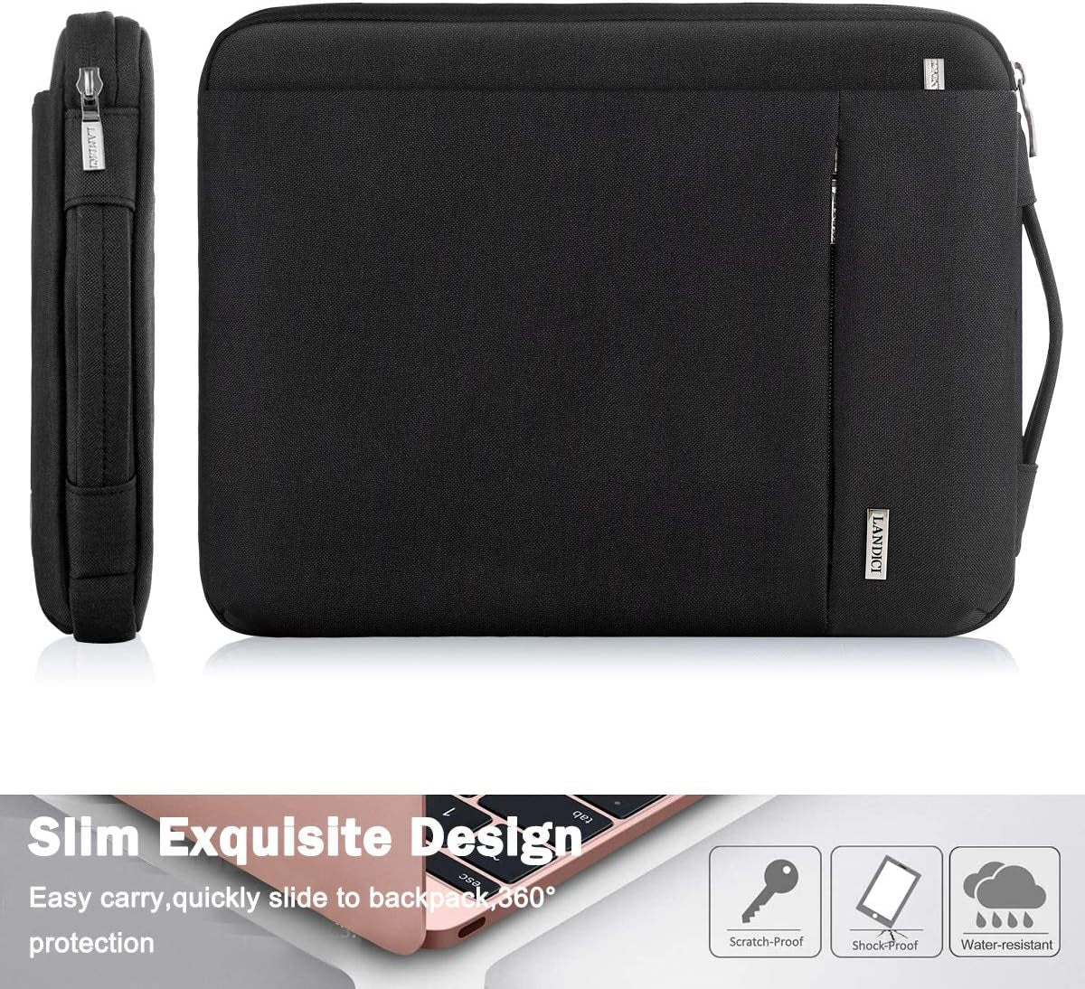 LANDICI 360° Protective Laptop Sleeve 11.6 Inch for Surface Pro 7 8 9/Laptop Go 2 3, Macbook Air 11, Small Computer Bag Carrying Case for 11-12 Inch Chromebook, Slim, Shockproof, Waterproof, Black